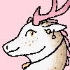 the head and neck of a white and light brown dragon with pink antlers over a pink background