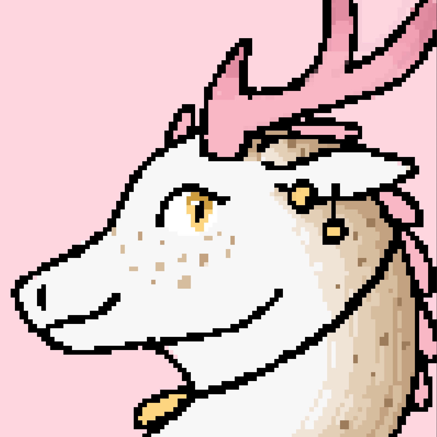 the head and neck of a white and light brown dragon with pink antlers over a pink background