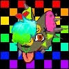a cartoon drawing of the head of a grey wolf with blue and green bangs. the background is a black and rainbow checkerboard